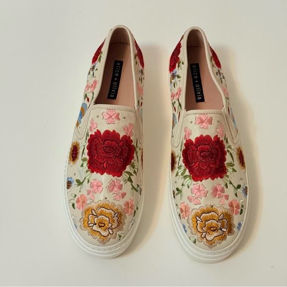 Alice + Olivia Sz 8 leather Sasha Floral Embroidered Slip-On Platform Sneakers - Picture 2 of 9